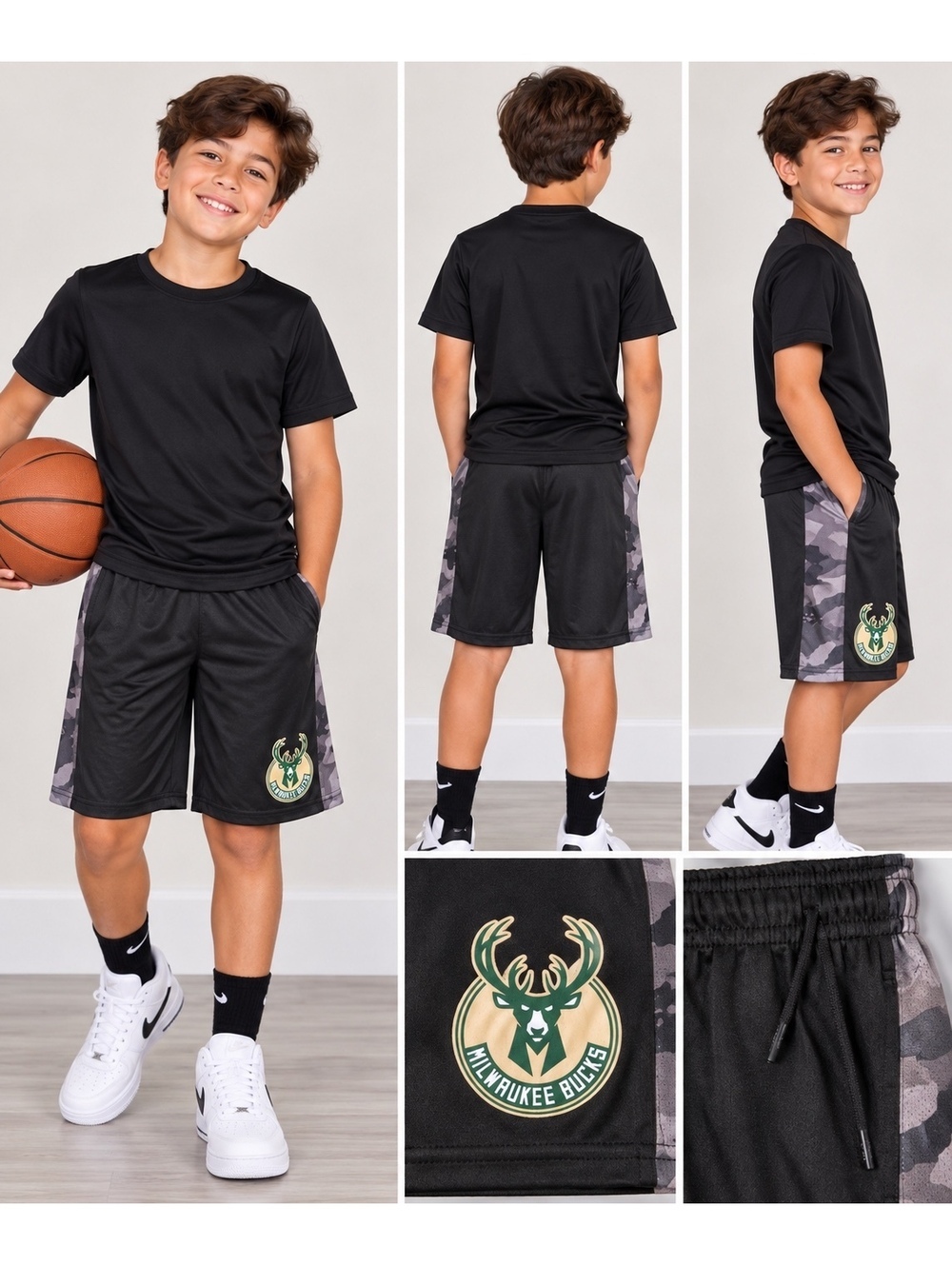 Milwaukee Bucks NBA Boys M 10/12 Basketball Shorts Black Camo NWT